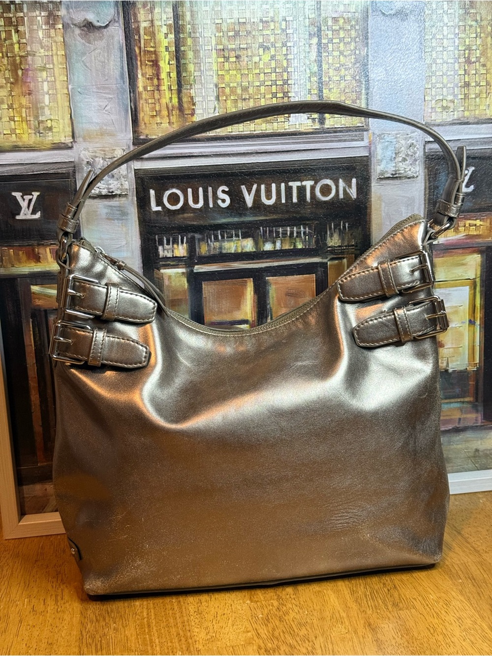 Cole Haan Metallic Bronze Shoulder Bag with Buckle Accents